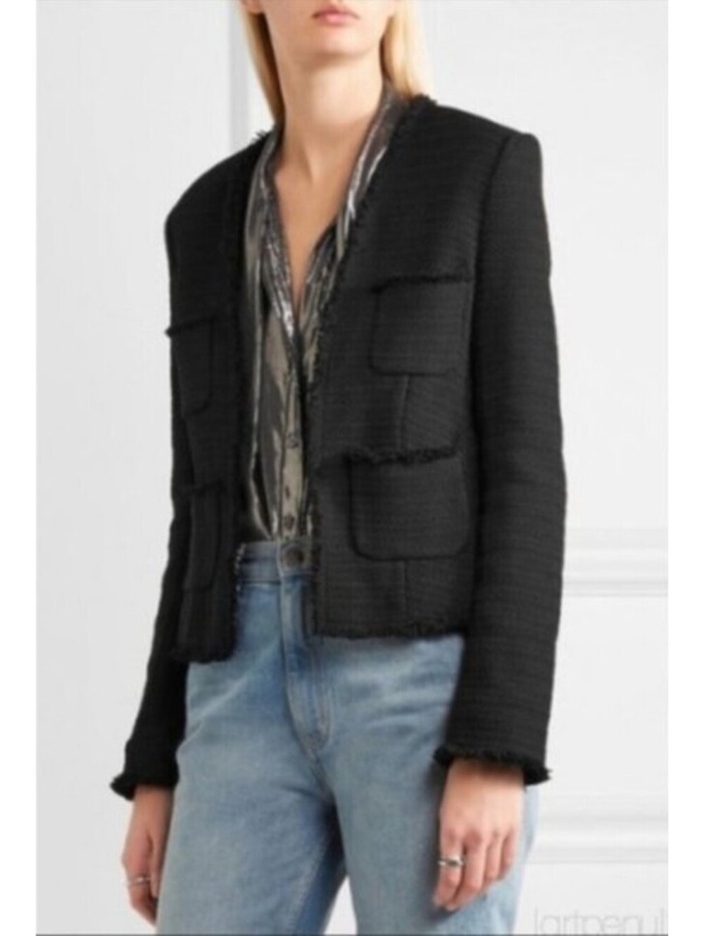 L'Agence Jules Blazer Fringe Tweed Women's 4 Black Embroidered Pockets Open RARE